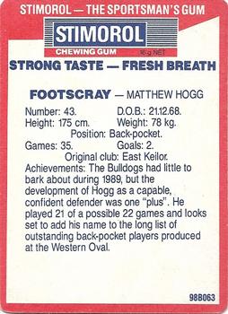 1990 AFL Scanlens Stimorol #149 Matthew Hogg Back
